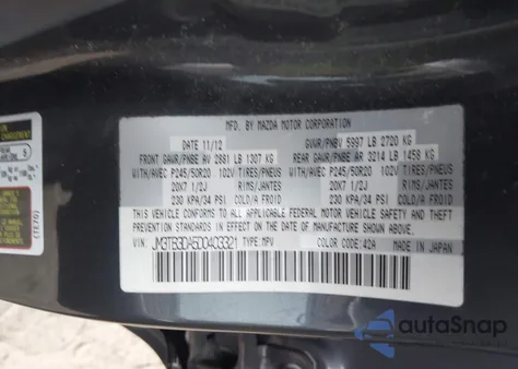 2013 Mazda Cx-9 Grand Touring z USA, uszkodzony, nr VIN JM3TB3DA5D0403321